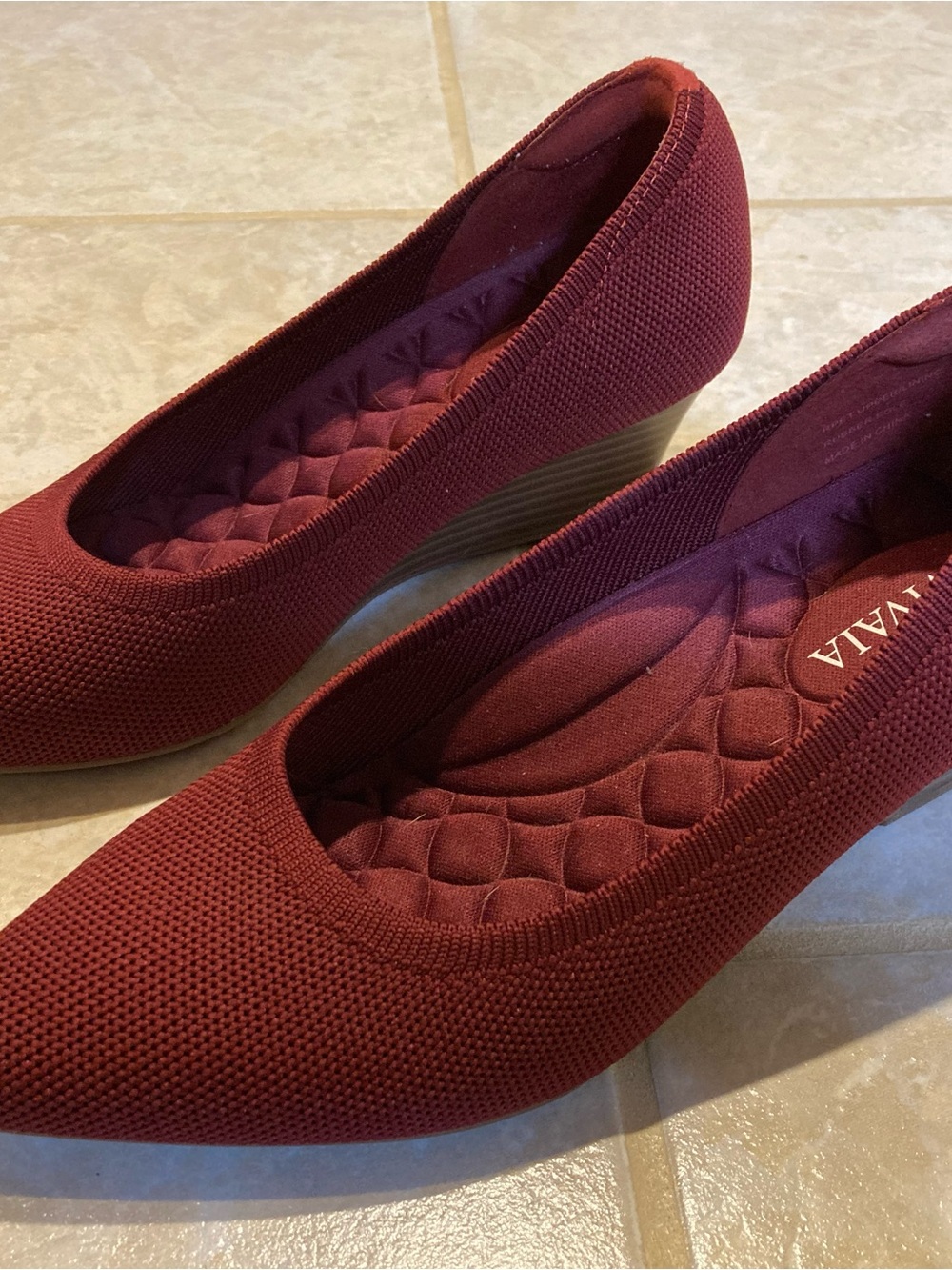 Women's Burgundy Knit Wedge Pumps - Comfort Slip-On